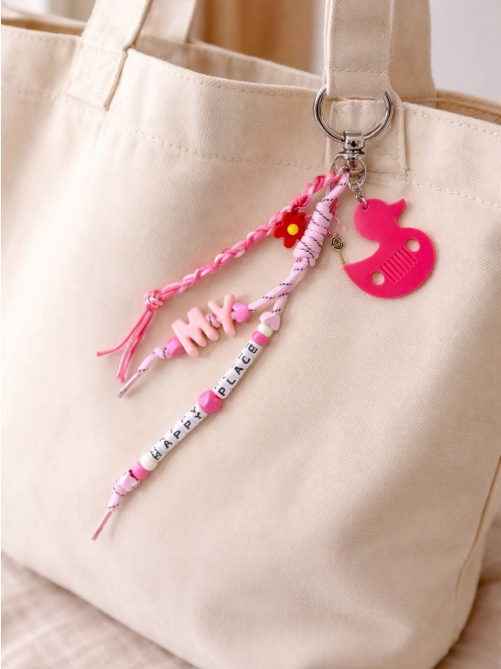 Pink Beaded 'MY Happy Place’ Charm Keychain with Letter Beads